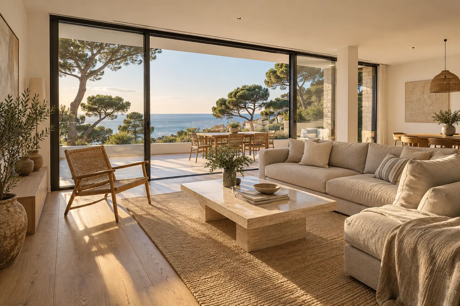 Salón reformado con terraza y vistas al mar en Castelldefels