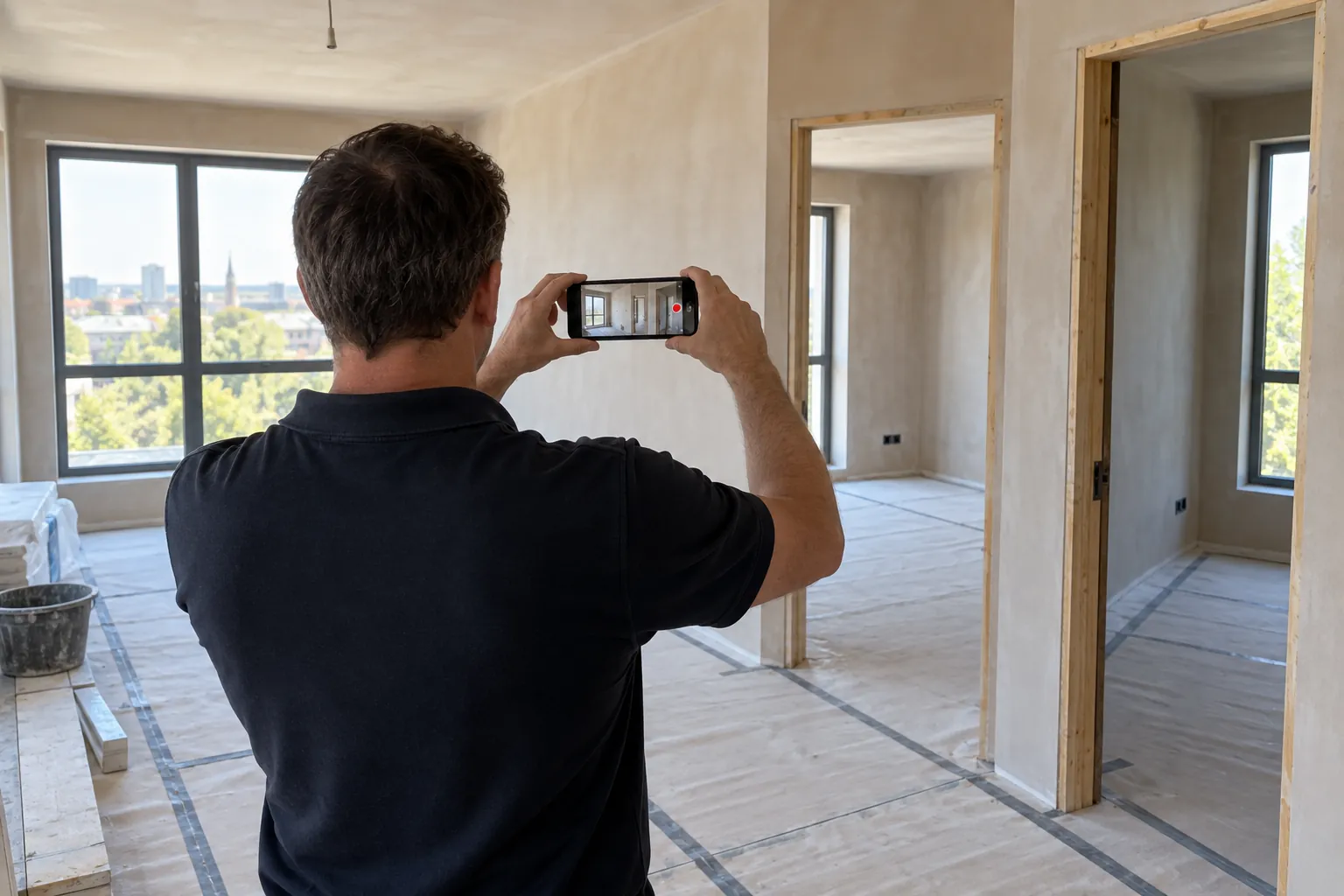 Jefe de obra grabando el vídeo‑informe semanal en una reforma